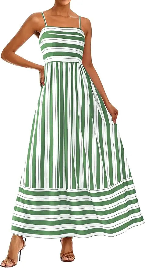 Flora™ | Women's Smocked Boho Floral Maxi Dress – Spaghetti Strap Square Neck Beach Sundress oaklynwear