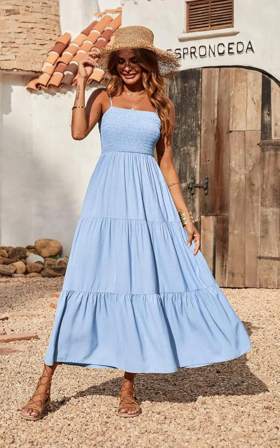Cami™ | Women's Smocked Tiered Maxi Dress – Spaghetti Strap Elastic Waist Flowy Boho Beach Sundress oaklynwear