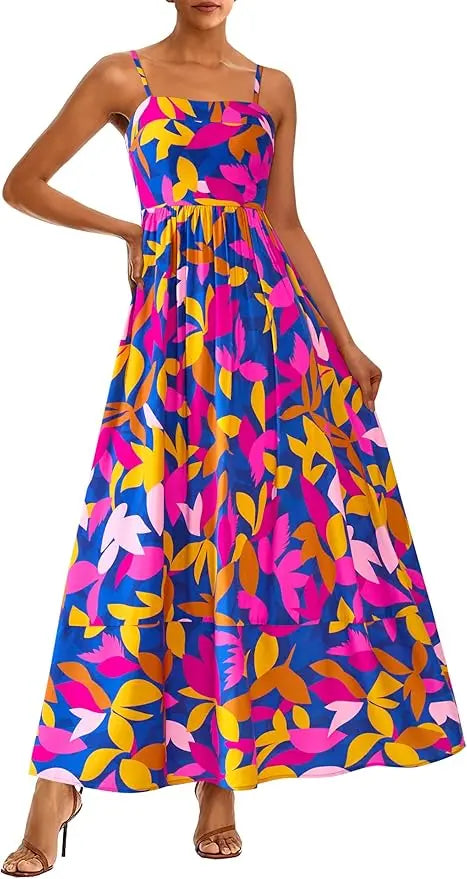Flora™ | Women's Smocked Boho Floral Maxi Dress – Spaghetti Strap Square Neck Beach Sundress oaklynwear