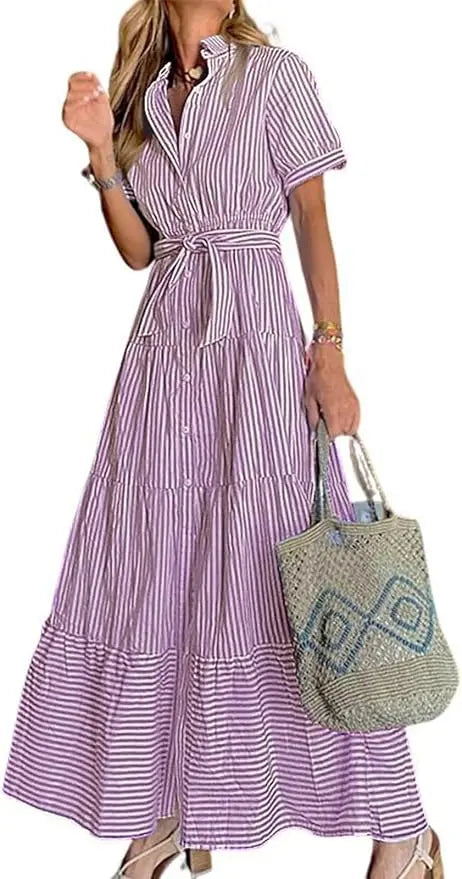 Stripe™ | Women's Striped Button-Down Maxi Shirt Dress – Tie Waist Ruffle Hem A-Line Dress oaklynwear