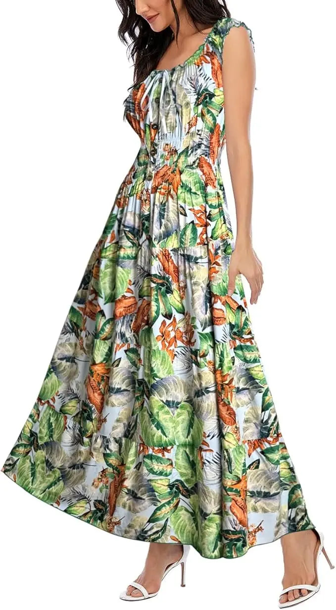 Bora™ | Women's Boho Floral Tiered Maxi Dress – Sleeveless Scoop Neck A-Line Beach Vacation Dress oaklynwear