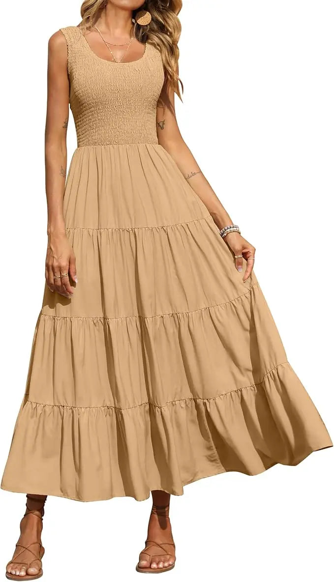 Tiara™ | Women's Smocked Tank Tiered Maxi Dress – Sleeveless Flowy A-Line Beach Sundress oaklynwear