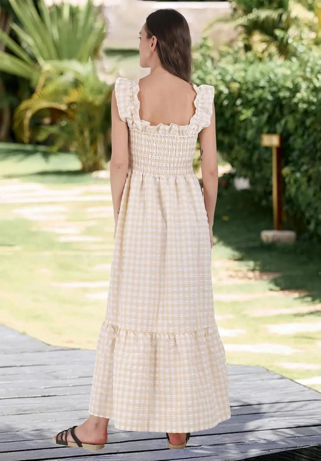 Plaid™ | Women's Retro Smocked Plaid Maxi Dress with Pockets – Spaghetti Strap Flounce A-Line Dress oaklynwear