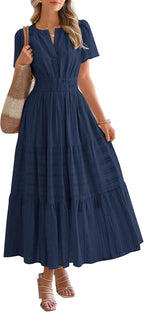 Fable™ | Women's Tiered Boho Maxi Dress with Pockets – V-Neck Short Sleeve Elastic Waist Beach Dress oaklynwear