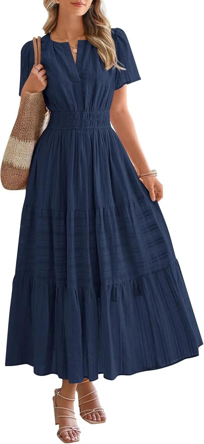 Fable™ | Women's Tiered Boho Maxi Dress with Pockets – V-Neck Short Sleeve Elastic Waist Beach Dress oaklynwear