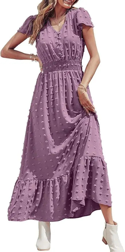 Dotty™ | Women's Swiss Dot Smocked Maxi Dress – V-Neck Short Sleeve Tiered Ruffle Boho Beach Dress oaklynwear