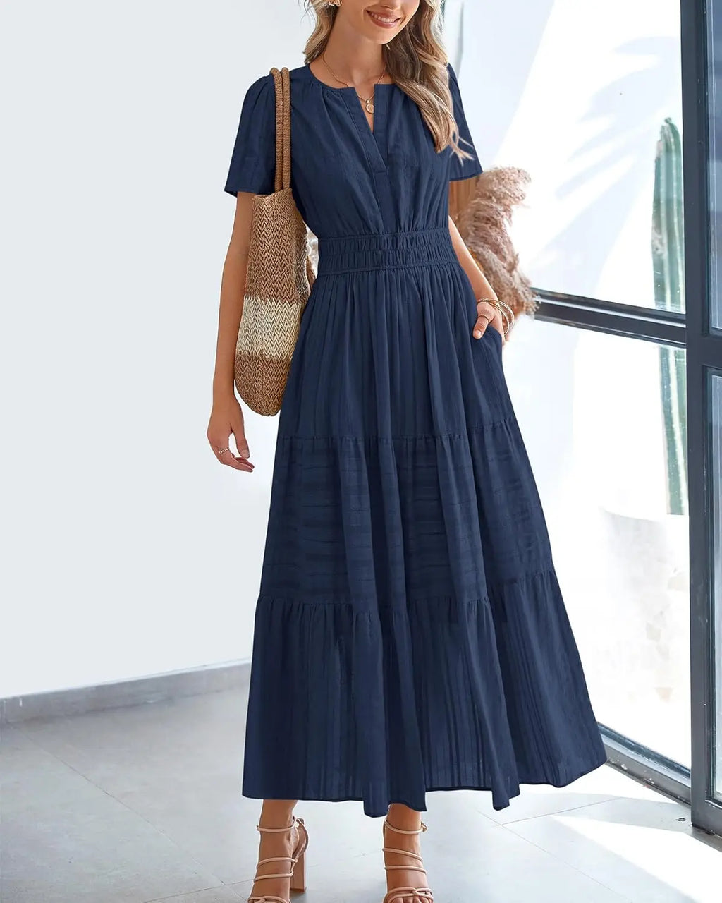 Fable™ | Women's Tiered Boho Maxi Dress with Pockets – V-Neck Short Sleeve Elastic Waist Beach Dress oaklynwear