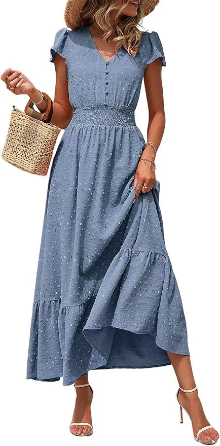 Dotty™ | Women's Swiss Dot Smocked Maxi Dress – V-Neck Short Sleeve Tiered Ruffle Boho Beach Dress oaklynwear