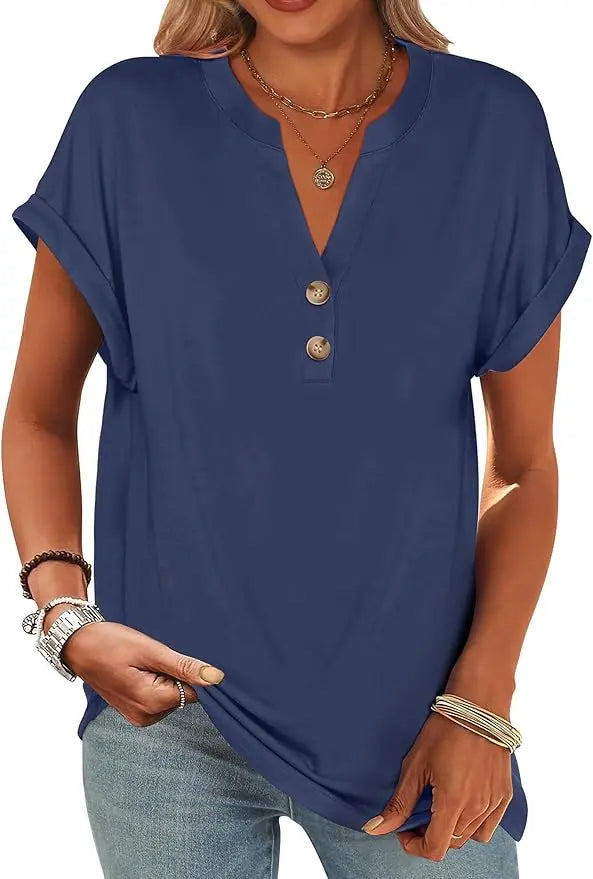 Willa™ | Women's Henley V-Neck Tunic Top – Loose Fit Short Sleeve Blouse for Work & Casual Wear oaklynwear