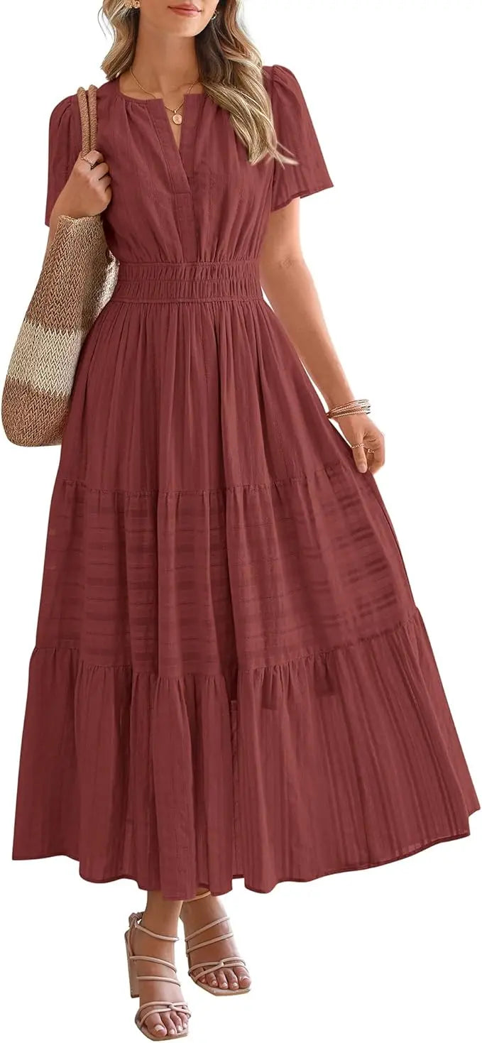 Fable™ | Women's Tiered Boho Maxi Dress with Pockets – V-Neck Short Sleeve Elastic Waist Beach Dress oaklynwear