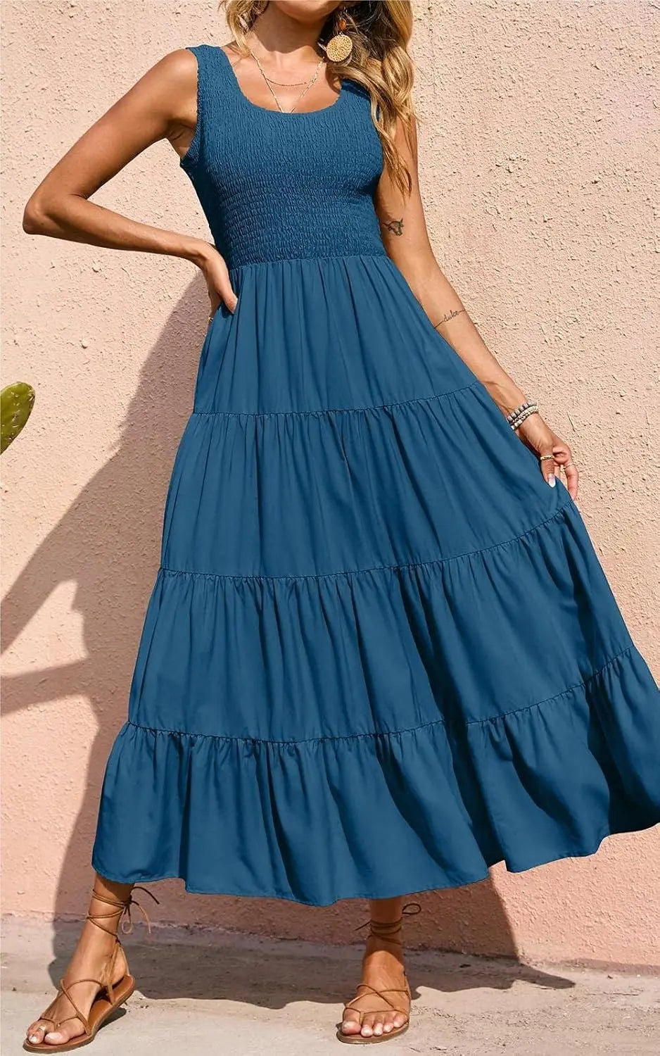 Tiara™ | Women's Smocked Tank Tiered Maxi Dress – Sleeveless Flowy A-Line Beach Sundress oaklynwear