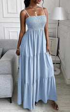 Cami™ | Women's Smocked Tiered Maxi Dress – Spaghetti Strap Elastic Waist Flowy Boho Beach Sundress oaklynwear