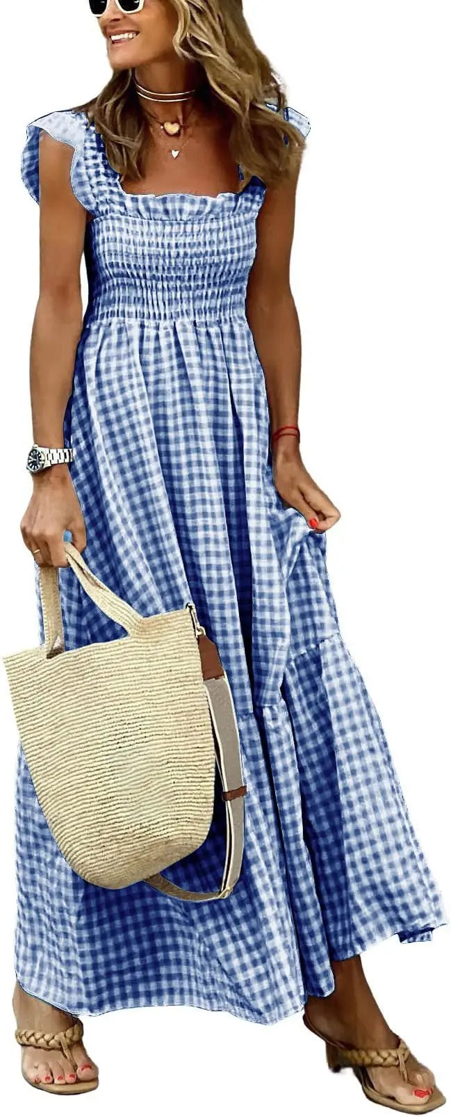 Plaid™ | Women's Retro Smocked Plaid Maxi Dress with Pockets – Spaghetti Strap Flounce A-Line Dress oaklynwear