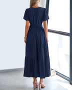 Fable™ | Women's Tiered Boho Maxi Dress with Pockets – V-Neck Short Sleeve Elastic Waist Beach Dress oaklynwear