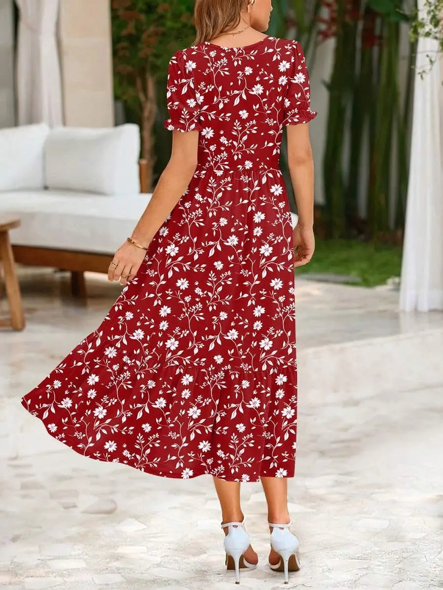 Puff™ | Women's Tiered Midi Dress with Pockets – Square Neck Puff Sleeve Flowy Beach Sundress oaklynwear