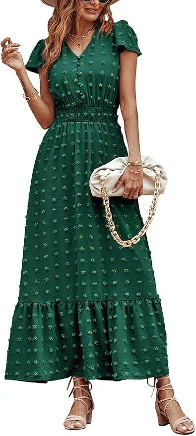 Dotty™ | Women's Swiss Dot Smocked Maxi Dress – V-Neck Short Sleeve Tiered Ruffle Boho Beach Dress oaklynwear