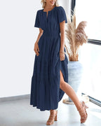 Fable™ | Women's Tiered Boho Maxi Dress with Pockets – V-Neck Short Sleeve Elastic Waist Beach Dress oaklynwear