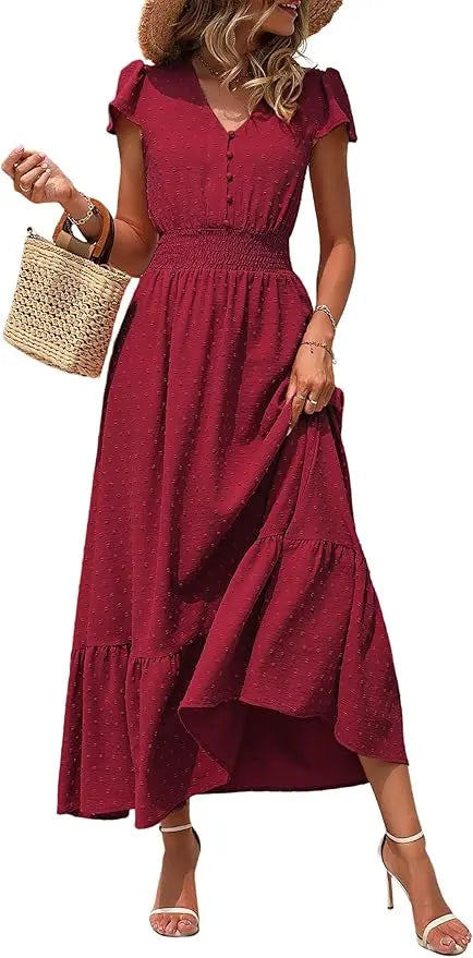 Dotty™ | Women's Swiss Dot Smocked Maxi Dress – V-Neck Short Sleeve Tiered Ruffle Boho Beach Dress oaklynwear