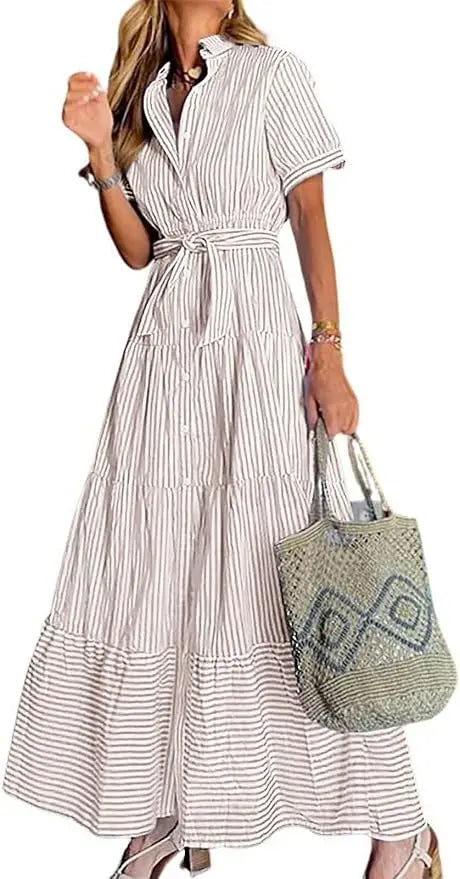 Stripe™ | Women's Striped Button-Down Maxi Shirt Dress – Tie Waist Ruffle Hem A-Line Dress oaklynwear