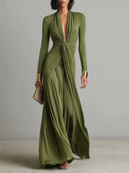 Valentina | Women's Olive Silky Stretchy Dress With Deep V-Neck & Ruched Detail oaklynwear