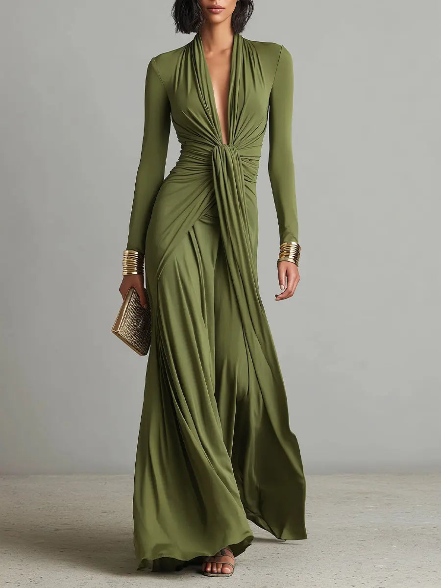 Valentina | Women's Olive Silky Stretchy Dress With Deep V-Neck & Ruched Detail oaklynwear