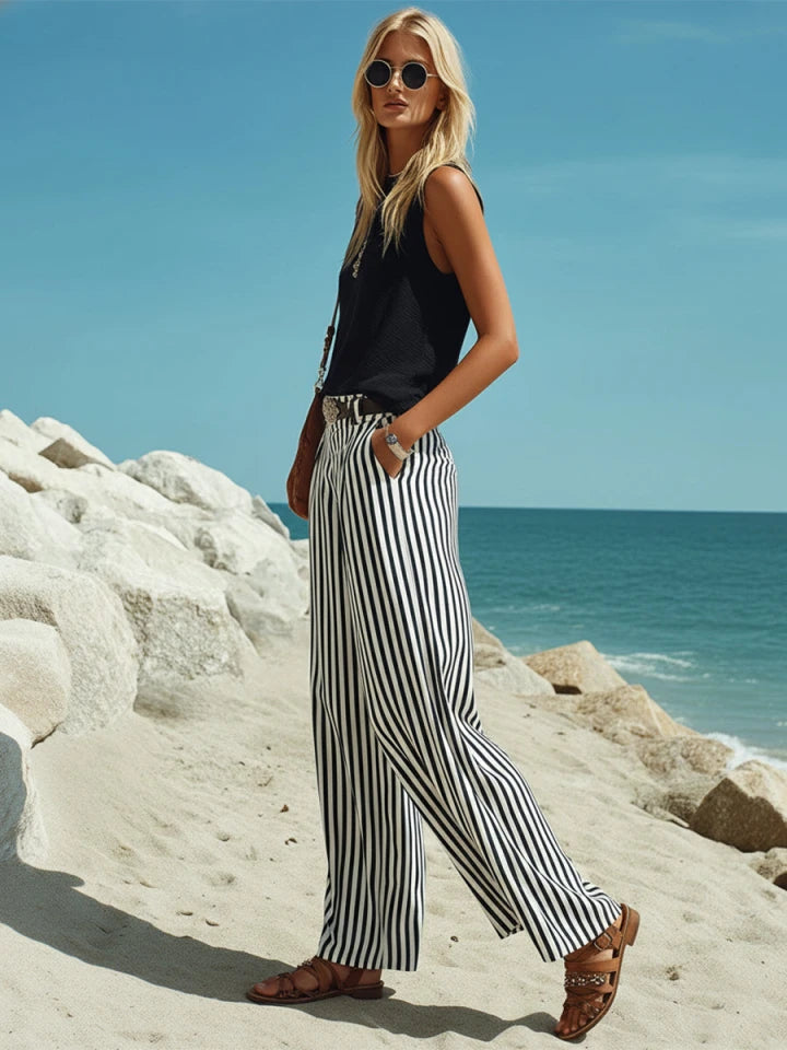 Marina | Striped Wide-Leg Pants Vest Set oaklynwear