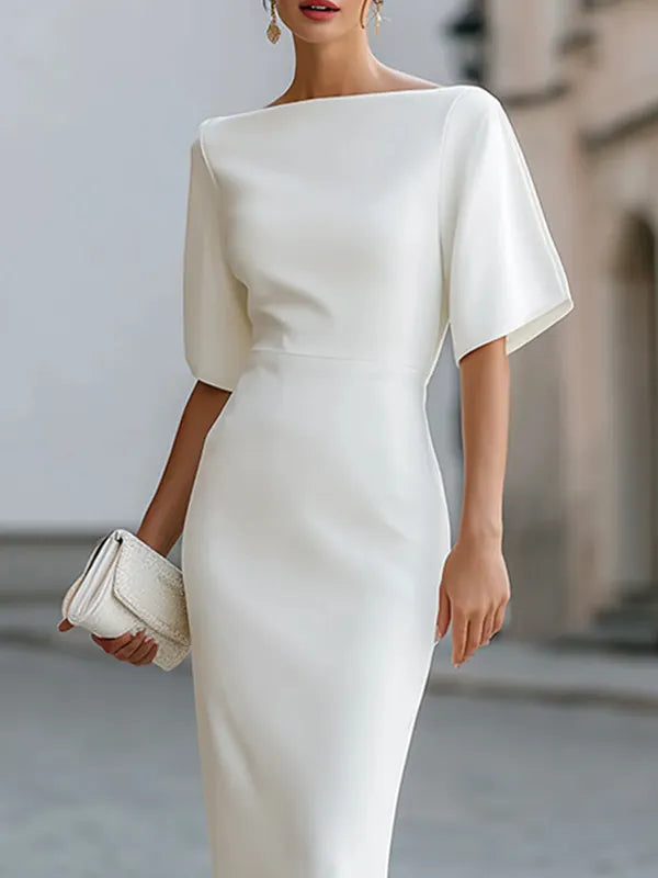 Boat Neck Midi-length Fitted Dress oaklynwear