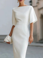 Boat Neck Midi-length Fitted Dress oaklynwear