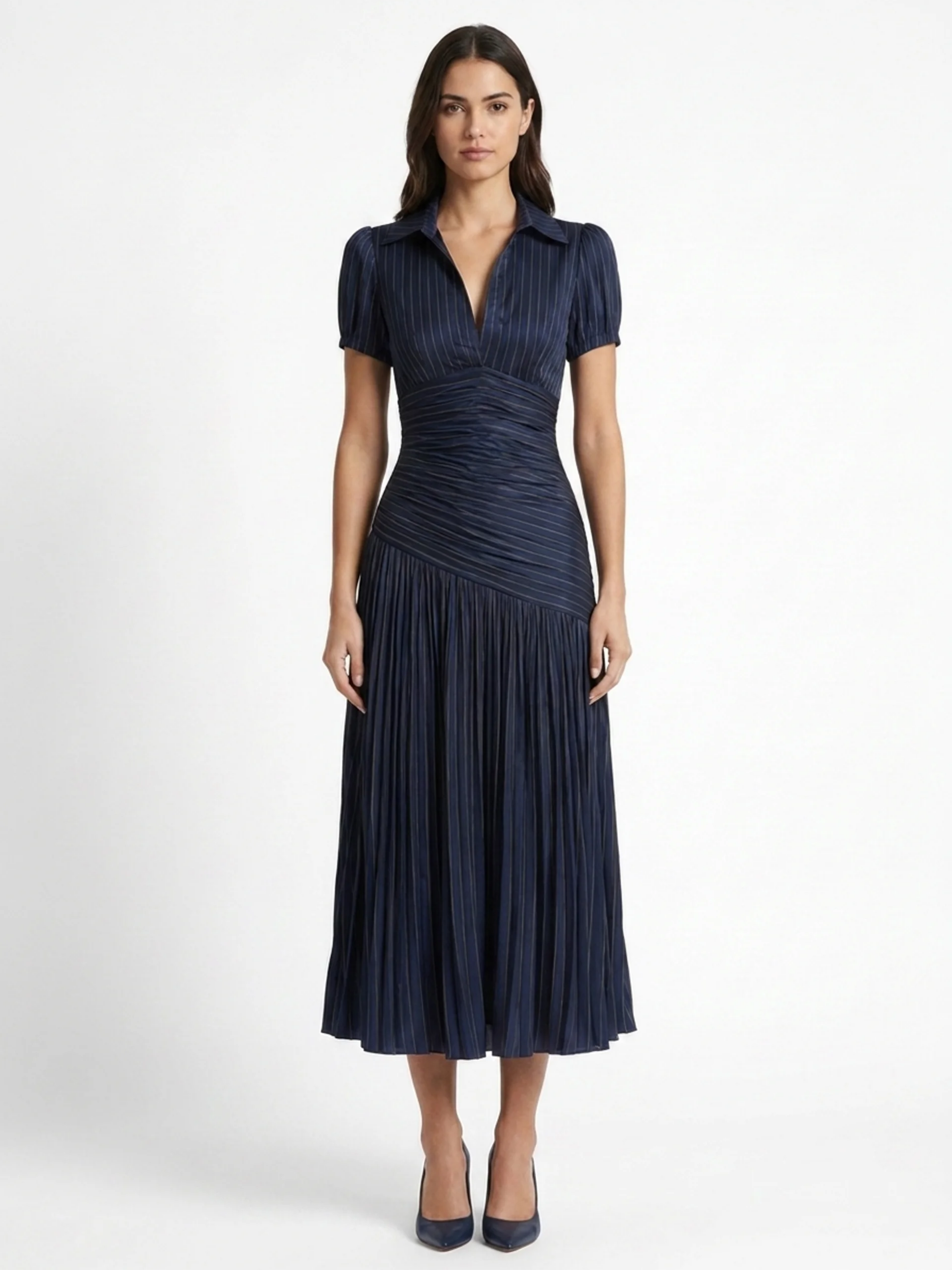 Monroe | Satin Pleated Lapel Midi Dress oaklynwear