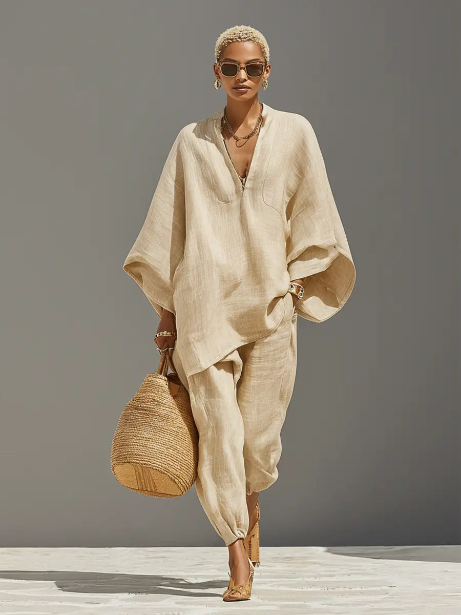 Nadia | Women's Neutral Linen Set With Asymmetric Hem & Minimalist Design oaklynwear