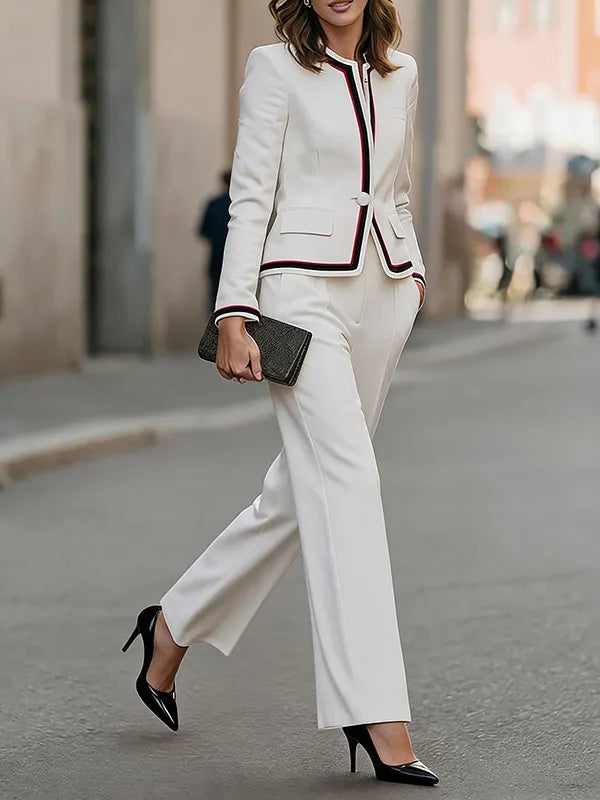 Off-White Stand Collar Contrast Piping Trim Blazer & Wide-Leg Trousers 2-Piece Suit oaklynwear