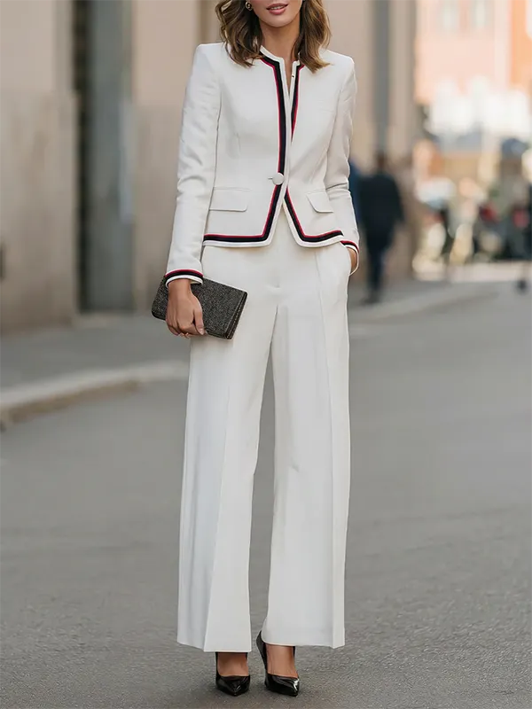 Off-White Stand Collar Contrast Piping Trim Blazer & Wide-Leg Trousers 2-Piece Suit oaklynwear