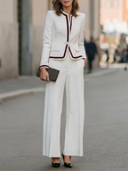 Off-White Stand Collar Contrast Piping Trim Blazer & Wide-Leg Trousers 2-Piece Suit oaklynwear