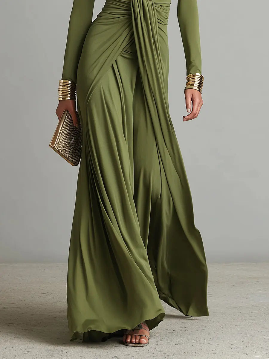 Valentina | Women's Olive Silky Stretchy Dress With Deep V-Neck & Ruched Detail oaklynwear