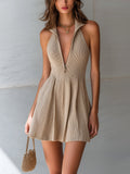 ElevenOra Chic Elegant Camel Zipper-Front Lapel Collar Sleeveless Tailored Waist Pleated A-Line Ribbed Knit Mini Dress oaklynwear