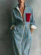 Rosie | Women's Blue And White Cotton Blend Striped Shirt Dress With Red Chest Pocket oaklynwear