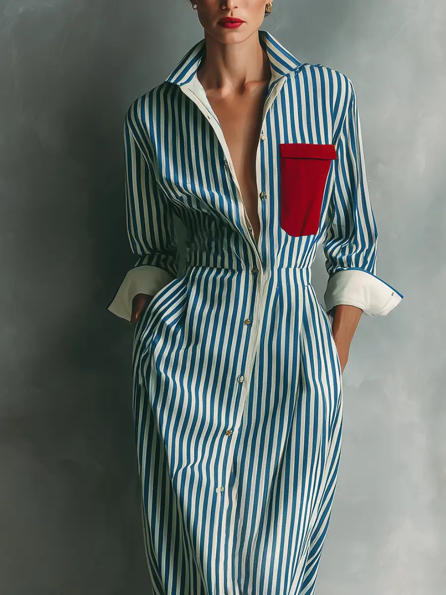 Rosie | Women's Blue And White Cotton Blend Striped Shirt Dress With Red Chest Pocket oaklynwear