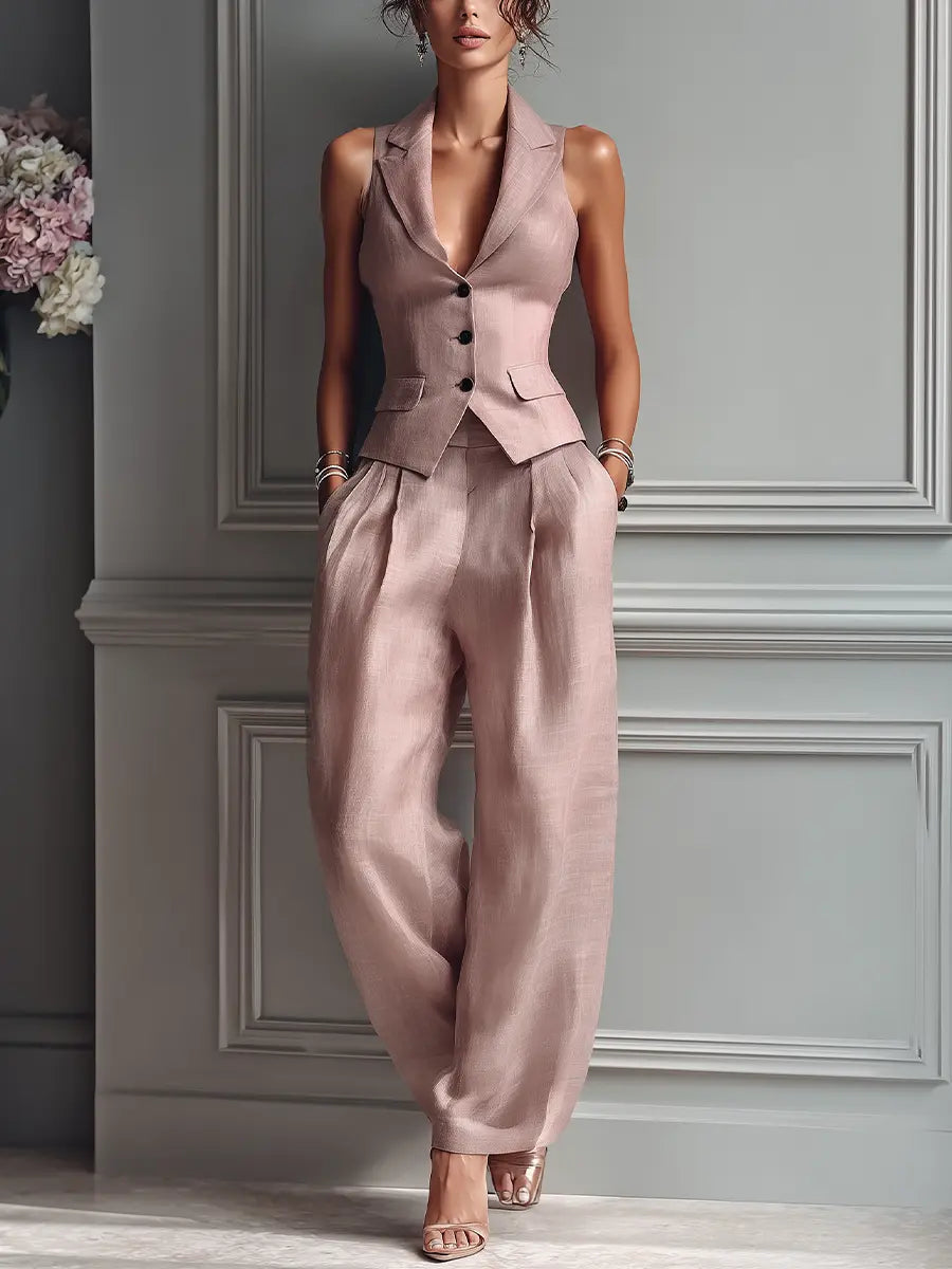 Lily | Women's Blush Pink Linen Fabric Sleeveless Vest & Wide-Leg Pants Two-Piece Set With Lapel Collar oaklynwear