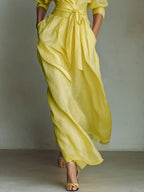 Goldie | Women's Lemon Yellow Cotton And Linen Blend Maxi Shirt Dress With Tie Waist & Half Sleeves oaklynwear