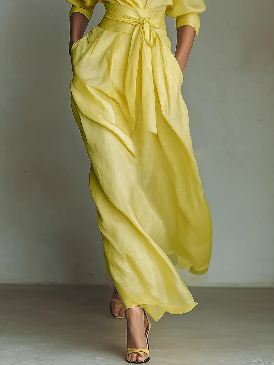 Goldie | Women's Lemon Yellow Cotton And Linen Blend Maxi Shirt Dress With Tie Waist & Half Sleeves oaklynwear