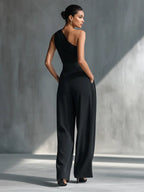 Naomi | Women's Black High-Elastic Knit Top And Acetate Wide-Leg Pants oaklynwear