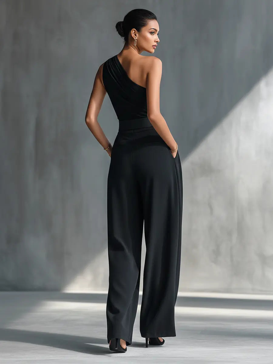 Naomi | Women's Black High-Elastic Knit Top And Acetate Wide-Leg Pants oaklynwear