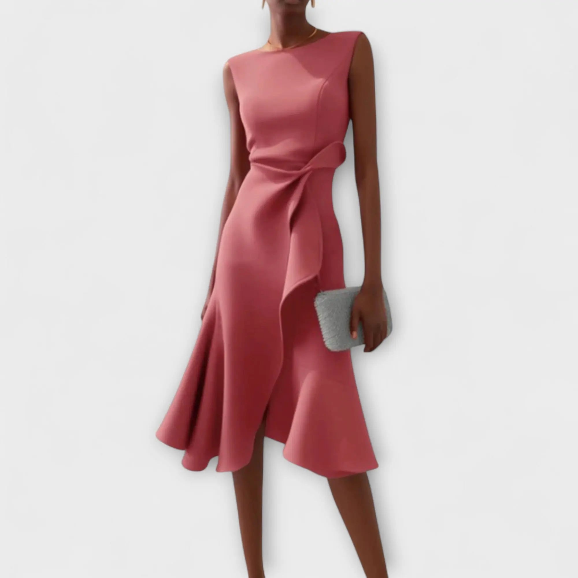 Oaklyn Asymmetric Ruffle Midi Dress – Boat Neck Sleeveless Formal Elegance oaklynwear