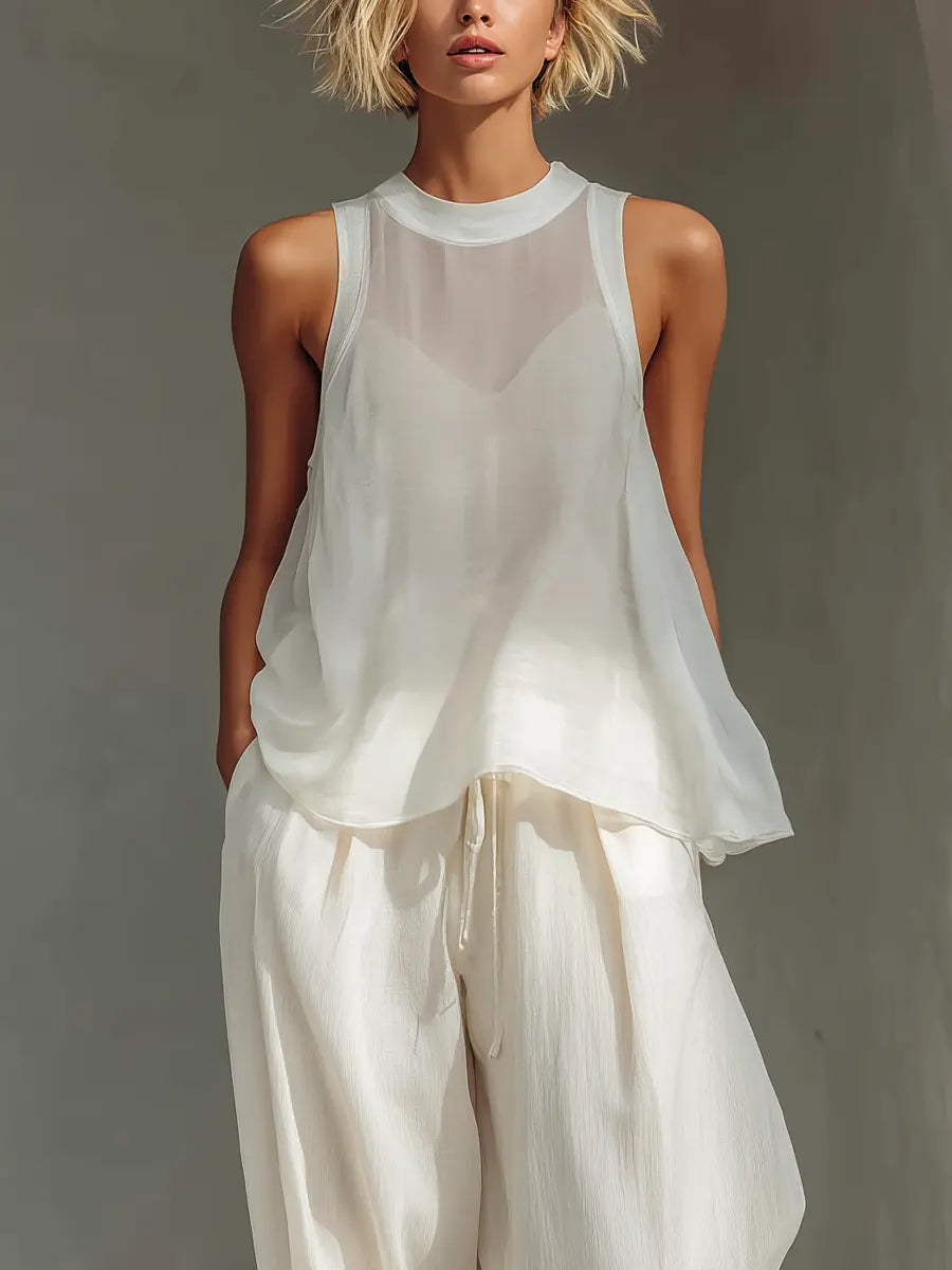 Chloe | Women's Cream Two-Piece Set With Semi-Sheer Chiffon Sleeveless Top oaklynwear