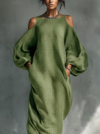 Flora | Women's Light Green Cold-Shoulder Maxi Dress With Oversized Puff Sleeves & Side Pockets oaklynwear