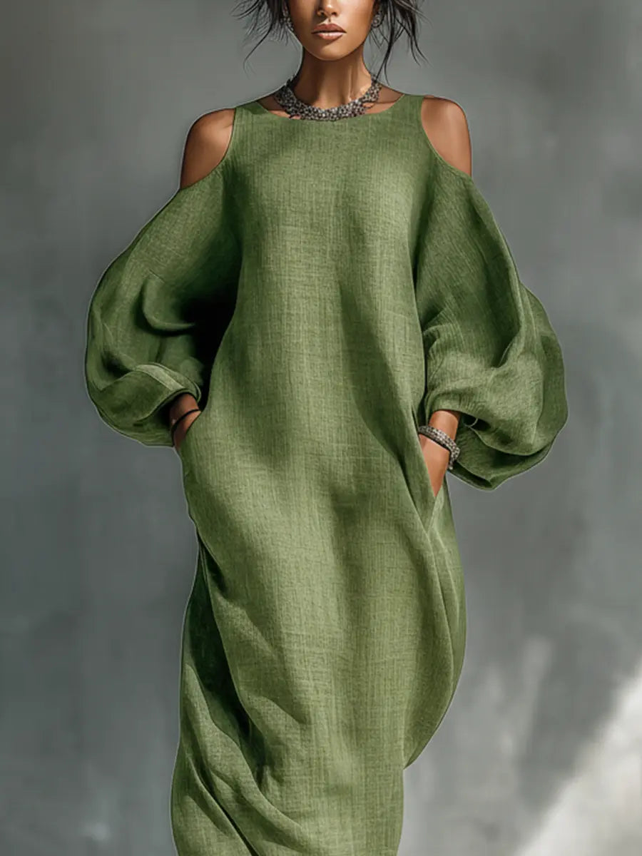 Flora | Women's Light Green Cold-Shoulder Maxi Dress With Oversized Puff Sleeves & Side Pockets oaklynwear