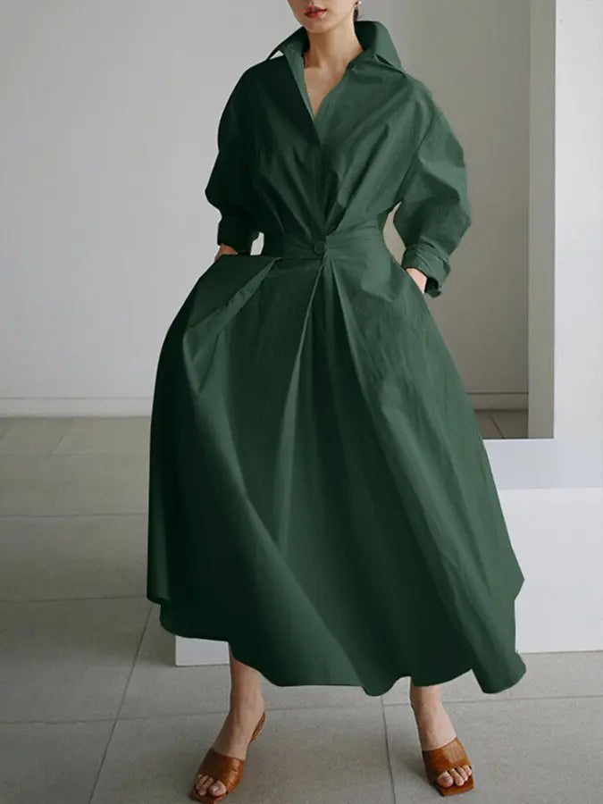 Oaklyn Cream Structured Shirt Dress – Collar Puff Sleeve Cinched Waist Pleated Midi Elegant Style oaklynwear