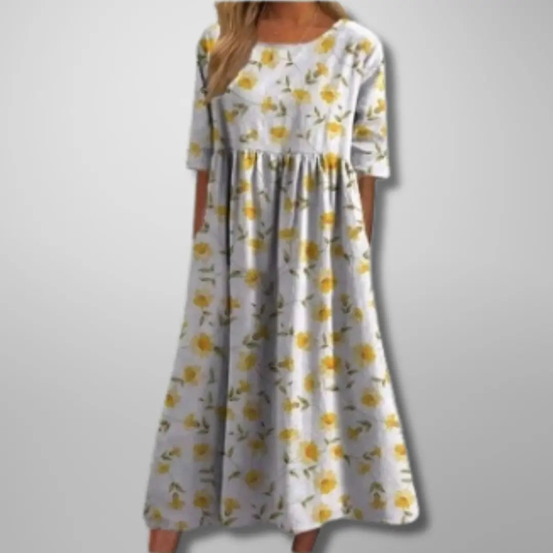 Oaklyn Floral Relaxed Midi Dress – Round Neck Elbow Sleeve Everyday Style oaklynwear