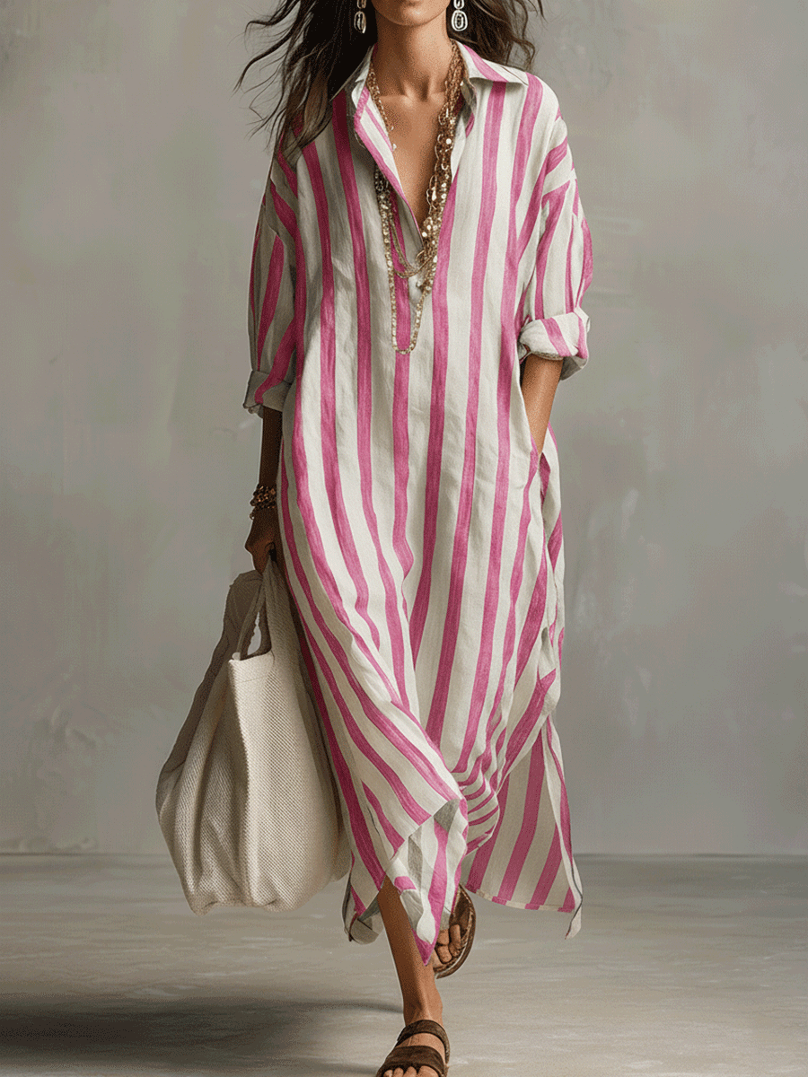 Casual Striped Shirt Bohemian Style Maxi Dress oaklynwear