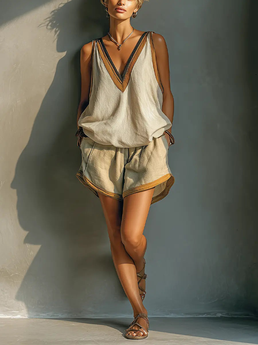 Sunny | Women's Beige Linen-Blend Contrast Trim V-Neck Tank Top & Khaki Shorts Two-Piece Set oaklynwear